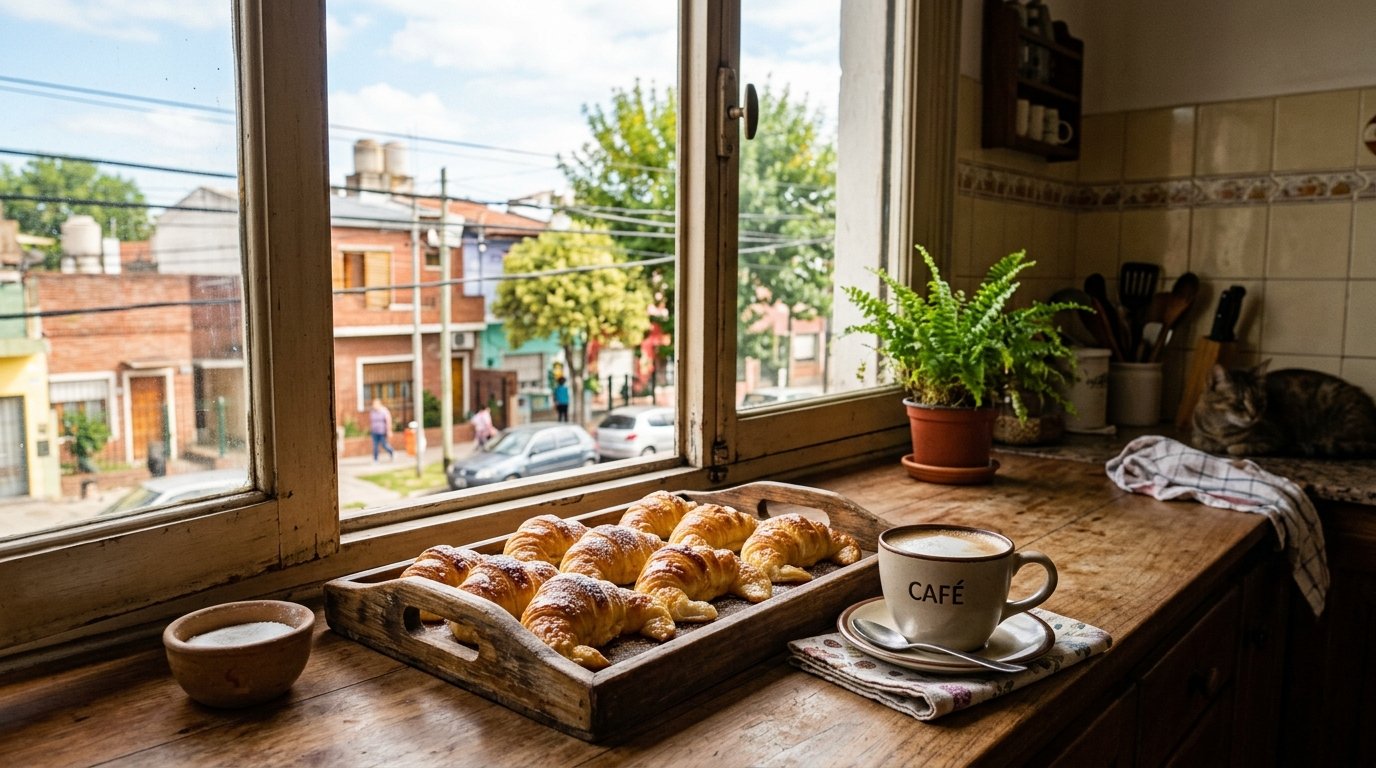 Desayuno con medialunas congeladas de manteca recién horneadas con vista a barrio de Zona Sur
